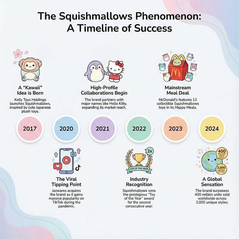 Timeline showing the evolution and history of Squishmallows