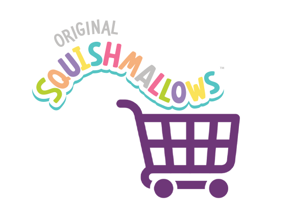 Squishmallows logo with an shopping cart icon