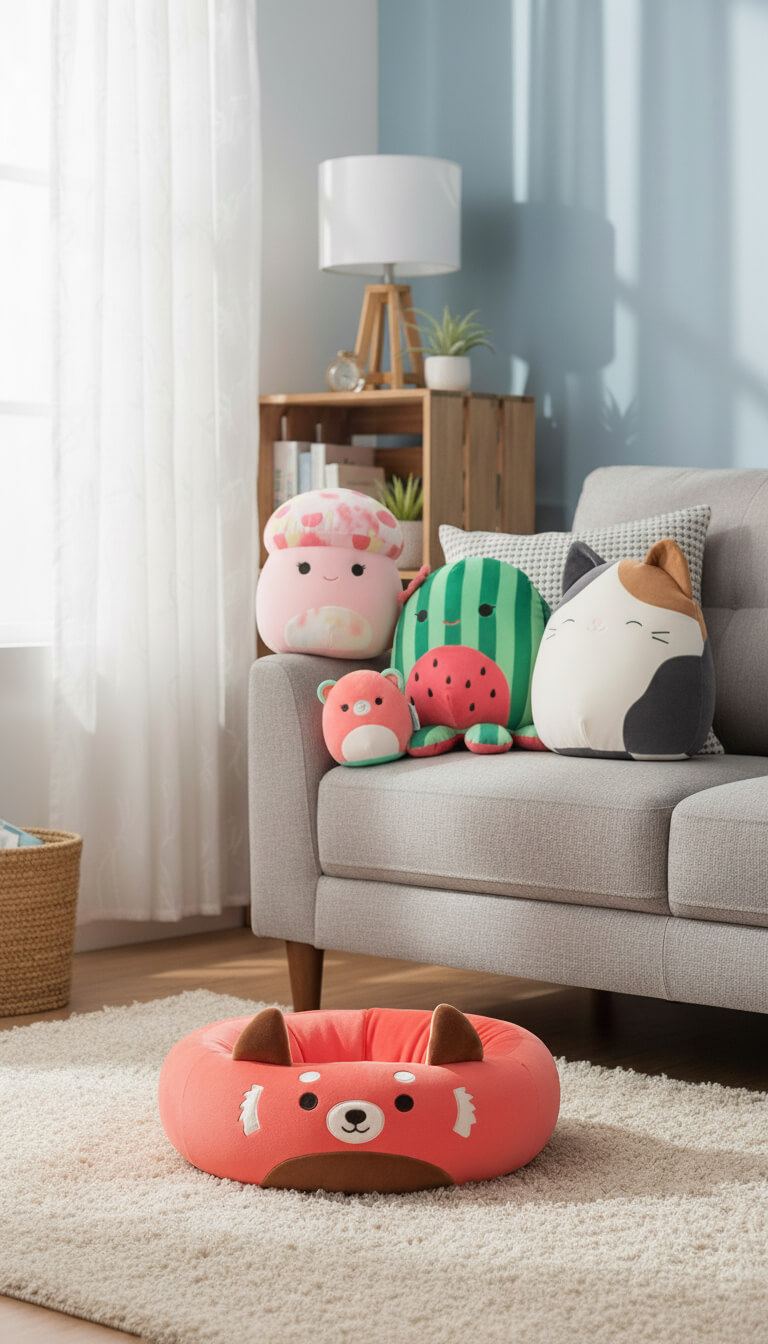 Various sizes and types of Squishmallows including a pet bed and a cat character